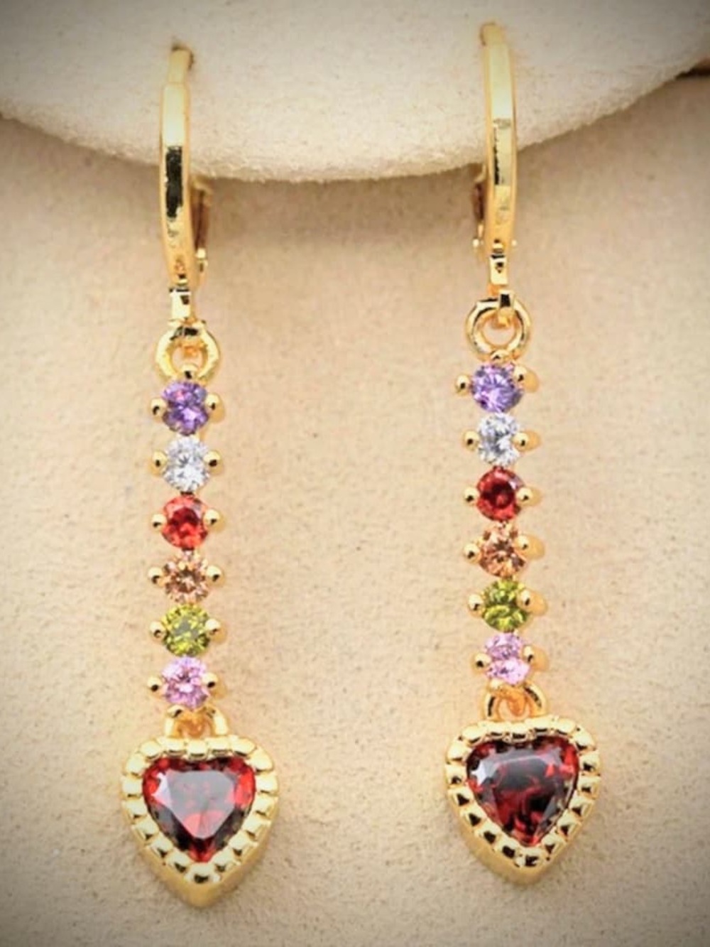 Gold-Tone Multi-Stone Heart Drop Earrings - Red Heart Accent